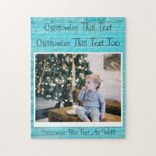 Aangepaste tekst/foto Blue Turquoise Wooden Rustic Legpuzzel