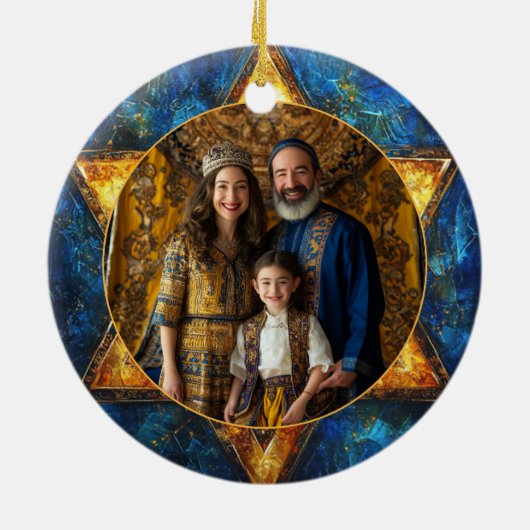 Aangepaste tekst & foto Happy Chanoeka, Davidster Keramisch Ornament (Achterkant)