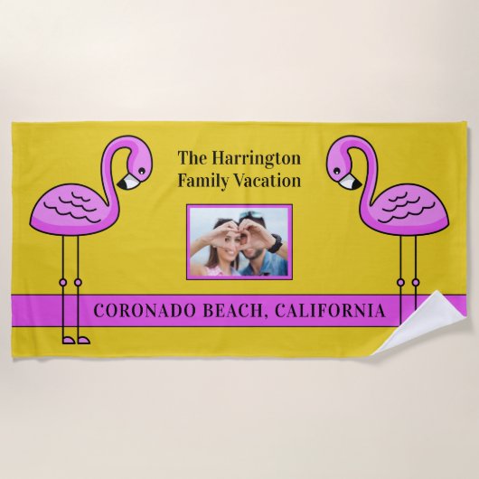 Aangepaste tekst & foto Roze Flamingo strandlaken (Voorkant)