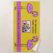 Aangepaste tekst & foto Roze Flamingo strandlaken (Voorkant)