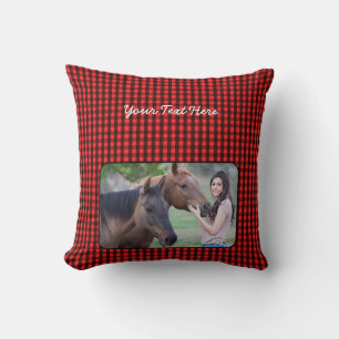 Aangepaste tekst/foto zwart-wit, geplakt gingham kussen