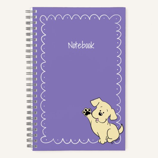 Aangepaste tekst Gele Lab Puppy Paarse Moppige Spi Notitieboek (Voorkant)