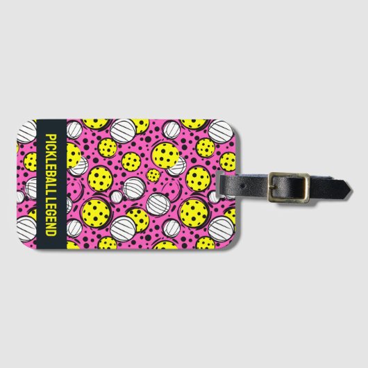 Aangepaste tekst gele pickleballs op roze bagagelabel (Voorkant (horizontaal))