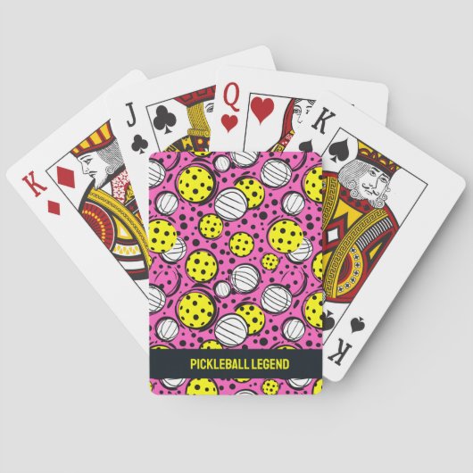 Aangepaste tekst gele pickleballs op roze pokerkaarten (Achterkant)