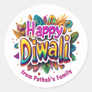 Aangepaste tekst, Gelukkig Divali blad barst  Ronde Sticker
