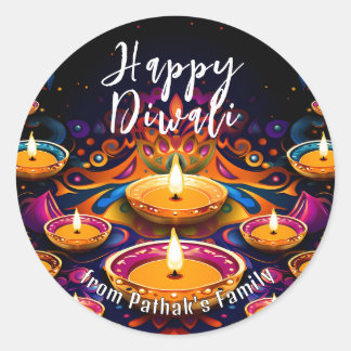 Aangepaste tekst, Gelukkig Divali Meerdere Diya's Ronde Sticker