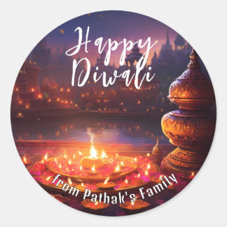 Aangepaste tekst, Gelukkig Divali Tempellichten Ronde Sticker