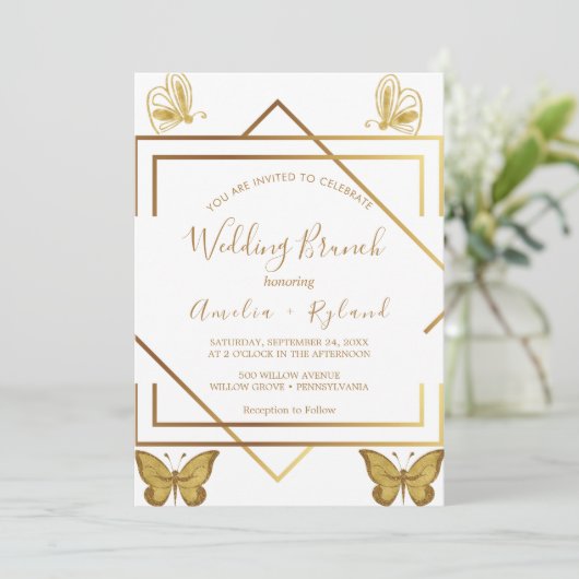Aangepaste Tekst Gouden Vlinder Bruiloftsbrunch Kaart (Staand voorkant)