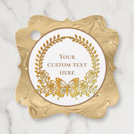 Aangepaste tekst, gouden vlinder en bloem bedankjes labels (Voorkant)
