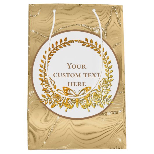 Aangepaste tekst, gouden vlinder en bloem medium cadeauzakje (Voorkant)