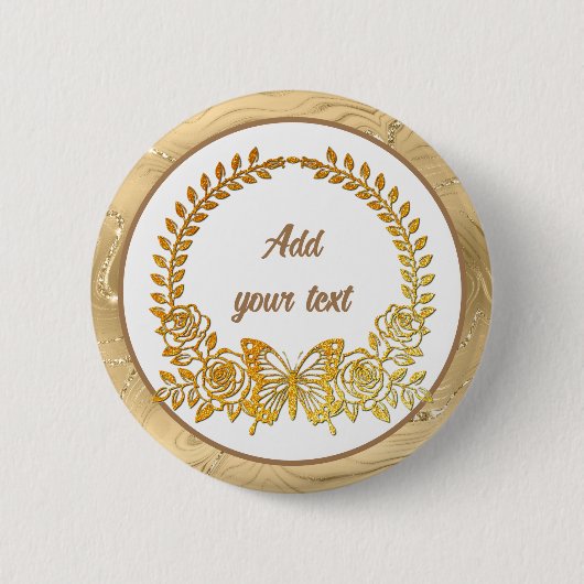 Aangepaste tekst, gouden vlinder en bloem ronde button 5,7 cm (Voorkant)