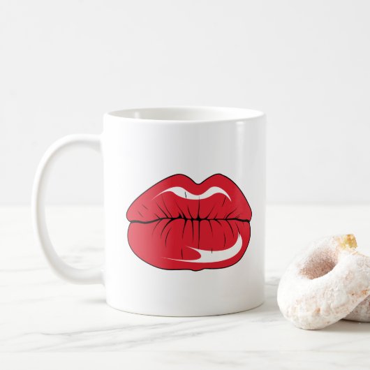 Aangepaste tekst grappige rode lippen cartoon mond koffiemok (Met donut)