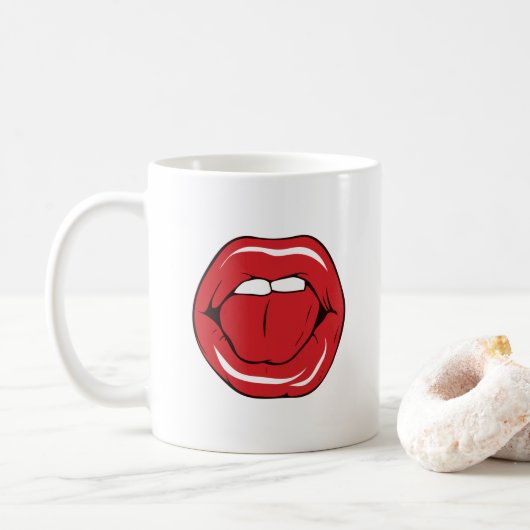 Aangepaste tekst grappige rode lippen cartoon mond koffiemok (Met donut)