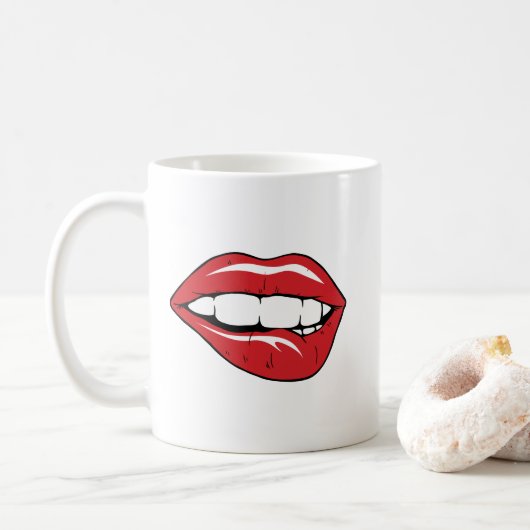 Aangepaste tekst grappige rode lippen cartoon mond koffiemok (Met donut)