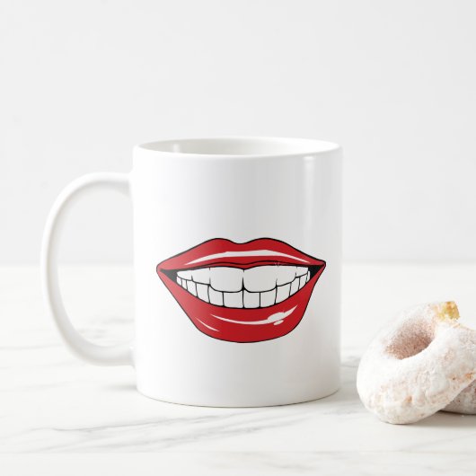 Aangepaste tekst grappige rode lippen cartoon mond koffiemok (Met donut)