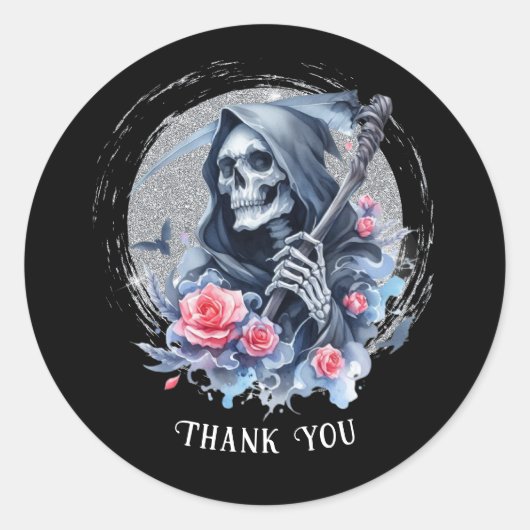 Aangepaste tekst Grim Reaper Floral Glitter Ronde Sticker (Voorkant)
