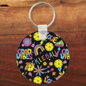 Aangepaste tekst, Groovy, retro 90s, zwart Sleutelhanger (Voorkant)