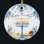 Aangepaste tekst Hanukkah Harmony Keepsake Keramisch Ornament<br><div class="desc">Dit charmante Chanoeka keramische cirkel ornament, genaamd "Chanoeka Harmony Keepsake, " is een heerlijke aanvulling op elke vakantie decor. De voorkant is voorzien van een elegante menora met gloeiende kaarsen, omgeven door ingewikkelde blauwe en gouden patronen van bladeren en munten, die de feestelijke geest van Chanoeka oproepen. Het sierlijke script...</div>