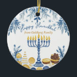 Aangepaste tekst Hanukkah Harmony Keepsake Keramisch Ornament<br><div class="desc">Dit charmante Chanoeka keramische cirkel ornament, genaamd "Chanoeka Harmony Keepsake, " is een heerlijke aanvulling op elke vakantie decor. De voorkant is voorzien van een elegante menora met gloeiende kaarsen, omgeven door ingewikkelde blauwe en gouden patronen van bladeren en munten, die de feestelijke geest van Chanoeka oproepen. Het sierlijke script...</div>