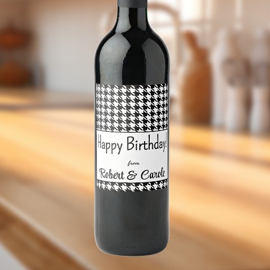 Aangepaste tekst, Happy Birthday Houndstooth (6) Wijn Etiket