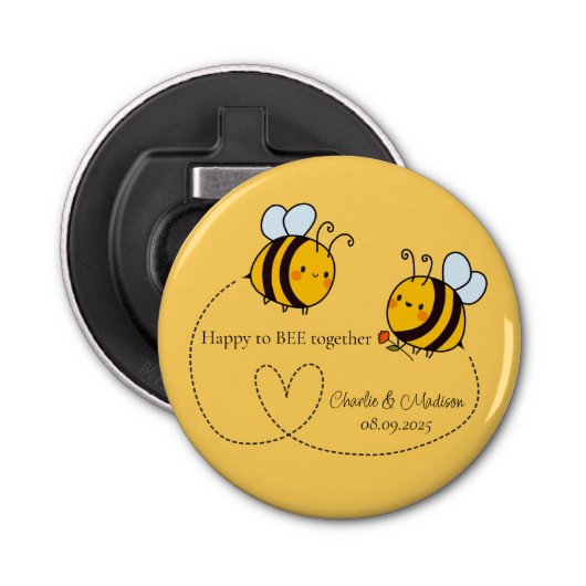 Aangepaste tekst Happy Love Bees Button Flesopener (Voorkant)