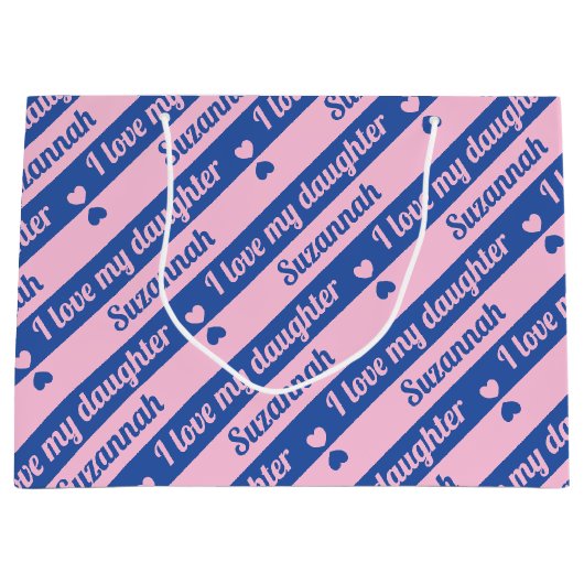 Aangepaste tekst Harten Strepen Roze Navy Valentij Groot Cadeauzakje (Voorkant)