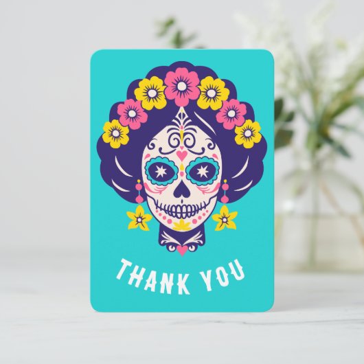 Aangepaste tekst Heldere Bloemen Suiker Skull Girl Bedankkaart (Staand voorkant)