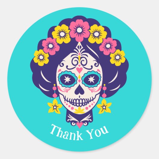 Aangepaste tekst Heldere Bloemen Suiker Skull Girl Ronde Sticker (Voorkant)