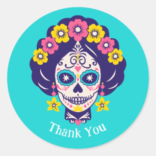 Aangepaste tekst Heldere Bloemen Suiker Skull Girl Ronde Sticker
