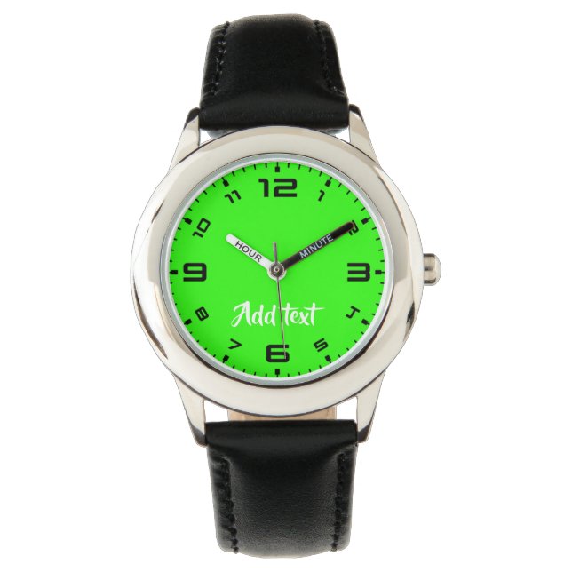 Aangepaste tekst heldergroen vlak horloge (Voorkant)