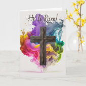 Aangepaste tekst, 'Hij is gerezen' Rainbow Cross-p Kaart (Gele Bloem)