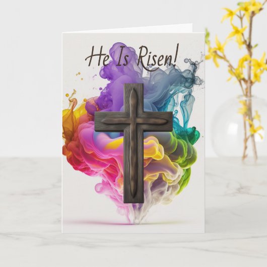 Aangepaste tekst, 'Hij is gerezen' Rainbow Cross-p Kaart (Gele Bloem)