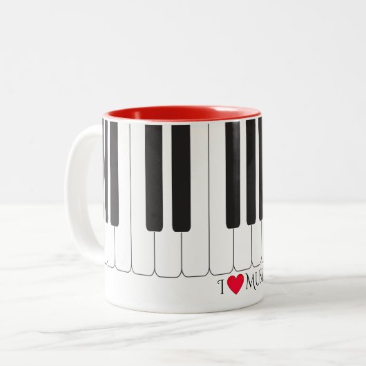 Aangepaste tekst "I ❤️ Music" pianoketoesleutel Tweekleurige Koffiemok (Voorkant links)