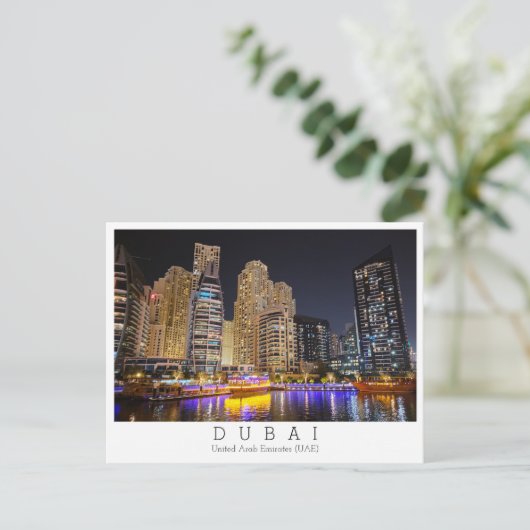 Aangepaste tekst, jachthaven bij nacht, Dubai, Ver Briefkaart (Staand voorkant)