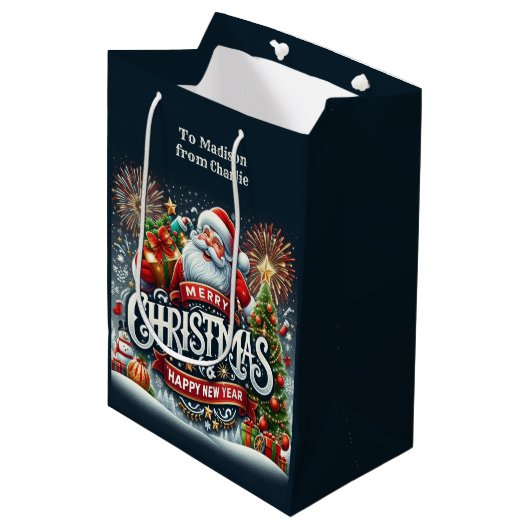 Aangepaste tekst Kerstman Medium Cadeauzakje (Voorkant Gekanteld)
