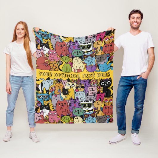 Aangepaste tekst & kleur Grappige katten illustrat Fleece Deken (In situ)