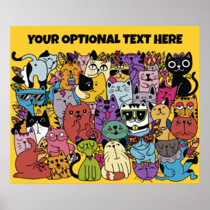 Aangepaste tekst & kleur Grappige katten illustrat Poster