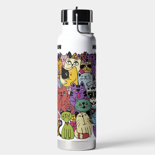 Aangepaste tekst & kleur Grappige katten illustrat Waterfles (Links)