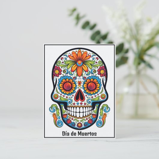 Aangepaste tekst 💀 kleurrijke doodle Día de Muert Briefkaart (Staand voorkant)
