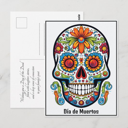 Aangepaste tekst 💀 kleurrijke doodle Día de Muert Briefkaart (Voorkant / Achterkant)