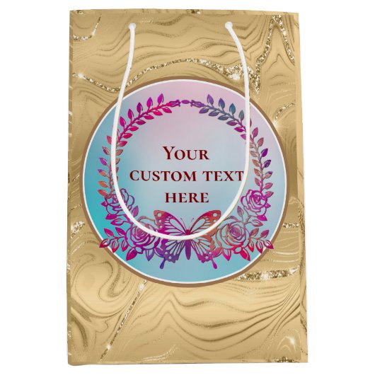 Aangepaste tekst, kleurrijke vlinder en bloem medium cadeauzakje (Voorkant)