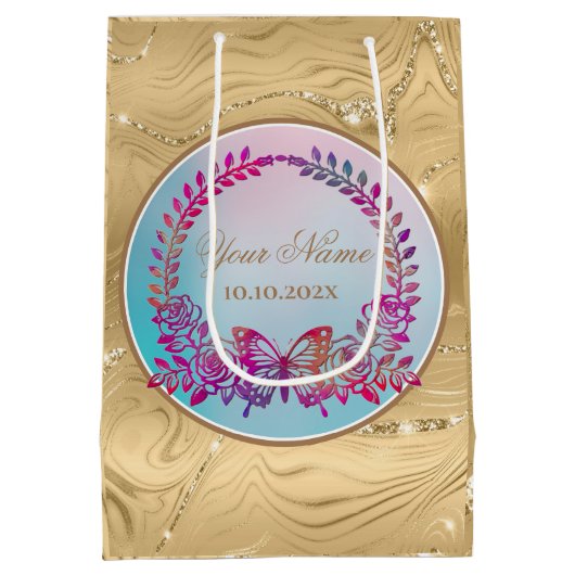 Aangepaste tekst, kleurrijke vlinder en bloem medium cadeauzakje (Achterkant)