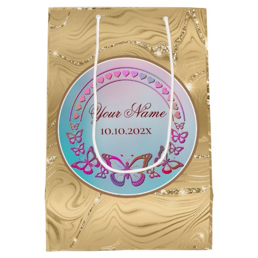 Aangepaste tekst, kleurrijke vlinders en hartliefd medium cadeauzakje (Achterkant)