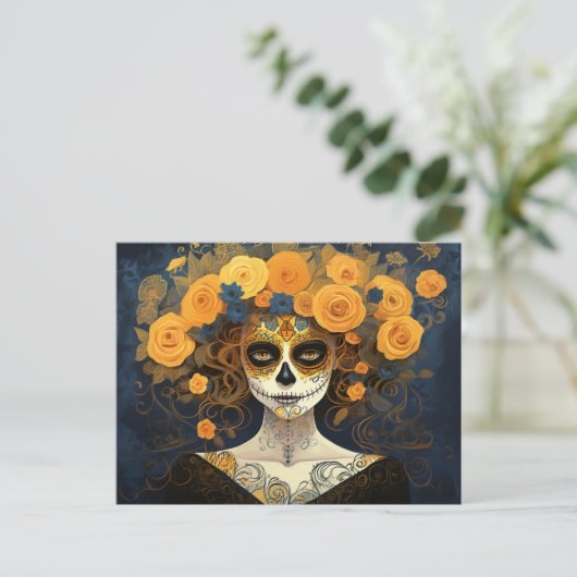 Aangepaste tekst 💀 La Calavera Catrina met bloeme Briefkaart (Staand voorkant)