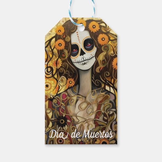 Aangepaste tekst 💀 La Calavera Catrina met bloeme Cadeaulabel (Voorkant)