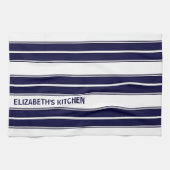 Aangepaste tekst marineblauw en wit gestreept theedoek (Horizontaal)