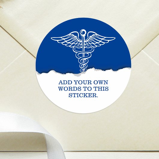 Aangepaste tekst Medische Caduceus Blauw Ronde Sticker