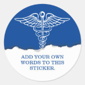 Aangepaste tekst Medische Caduceus Blauw Ronde Sticker (Voorkant)