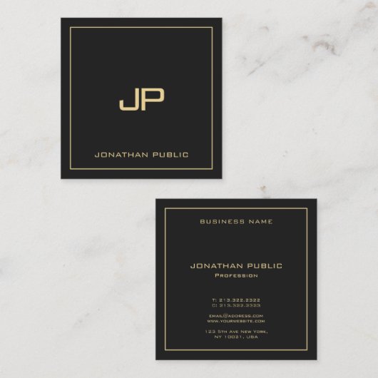 Aangepaste tekst Monogram Luxe Elegant Zwart en Go Vierkante Visitekaartje (Voorkant / Achterkant)