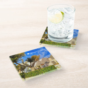 Aangepaste tekst, mooi uitzicht van Alberobello, A Glazen Onderzetter